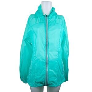 Fabletics Green Rip Stop Fabric Rain Packable Athletic Hiking Hooded Jacket XXL
